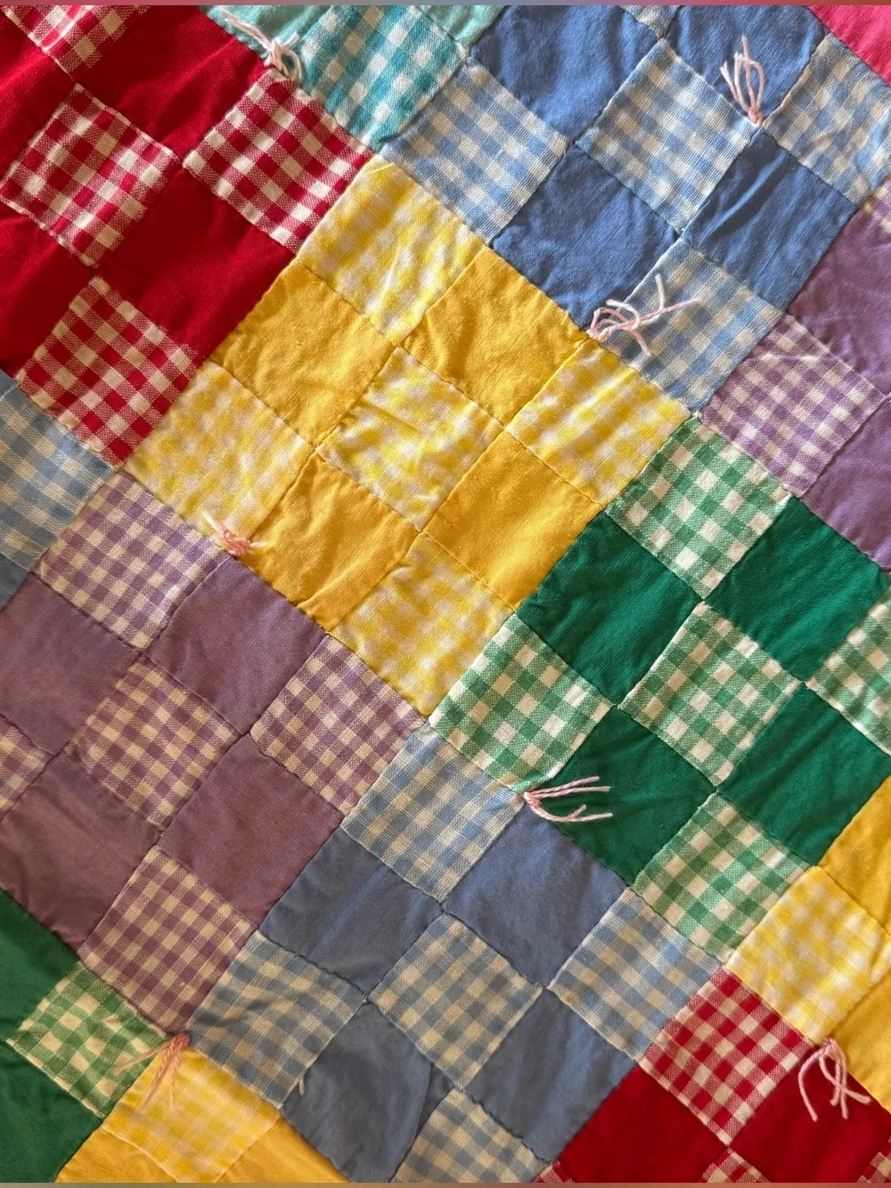 Vintage Colorful Patchwork BabyDoll Quilt with Pink Border